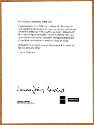 SIGNED - HANS-JORG ANDERS - WE WANT PEACE, LONDONDERRY, IRELAND, 1969 - LTD 6" x 6" MAGNUM PRINT